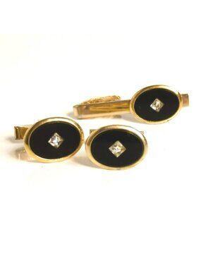 Vintage Gold Tone Black Enamel Cufflinks Tie Clip Set Diamond Accent